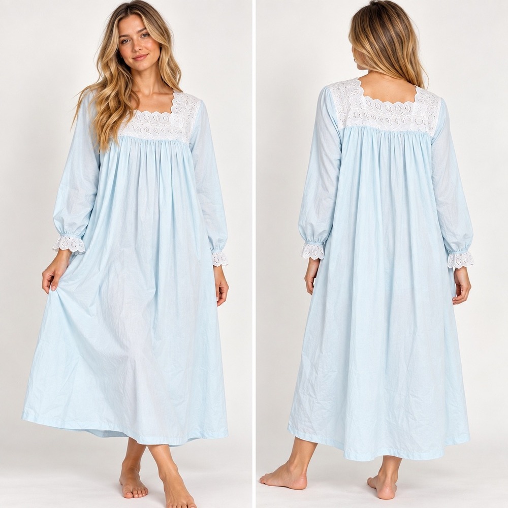 Whispers Light Blue Cotton Nightgown Long Sleeve Lace Trim Victorian Maxi Medium